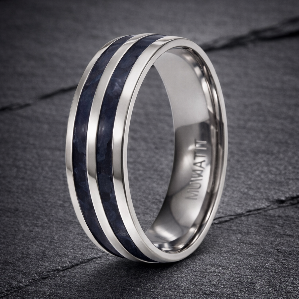 American Racer Rings The Racer Men's Titanium Ring Two Rows of Black Carbon Fiber Rounded E ...