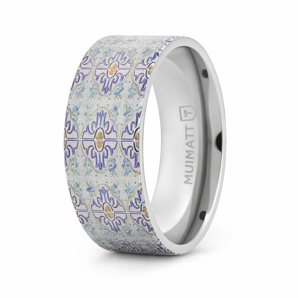 The Radiance Flat Titanium Ring with Multi Colored Engraved Cross Patt ...