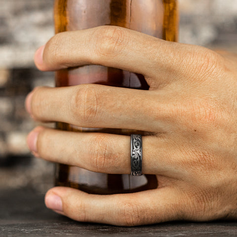 The Palace Black Titanium Vintage Script Pattern Men's Ring