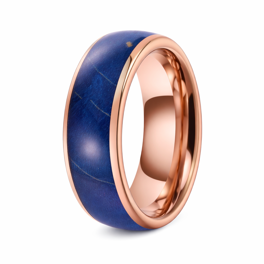The Solaris 8mm Blue Cured Wood Rose Gold Tungsten Carbide Men's