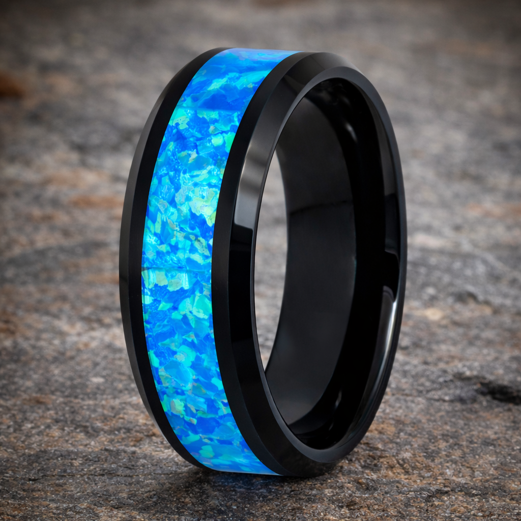 The Spectrum Men's Black IP with Synthetic Opal Inlay with Beveled Edg ...
