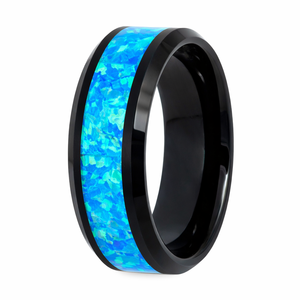 The Spectrum Men's Black IP with Synthetic Opal Inlay with Beveled Edg ...
