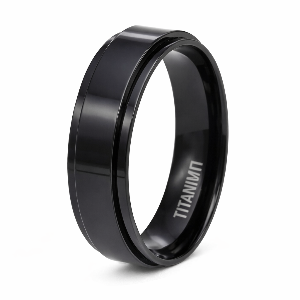 Men's Black Titanium Spinner Ring with Flat Profile and Glossy Finish ...