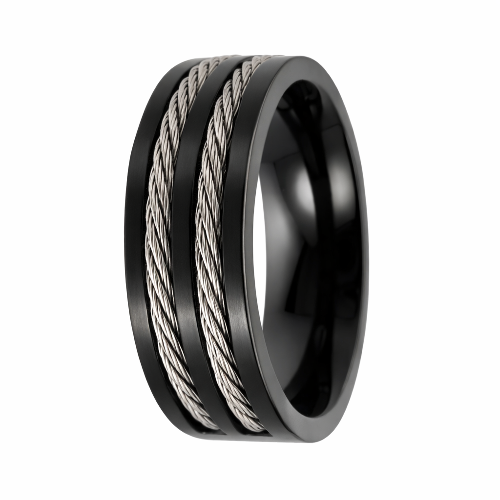 The Stratus Men’s Stainless Steel Black Cable Ring with Flat Face and ...