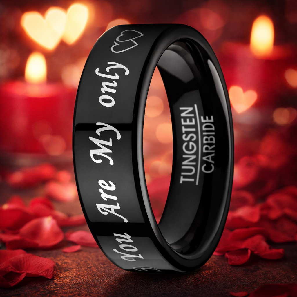 The Sweetheart Laser Engraved Ring in Polished Black Tungsten | 6mm ...