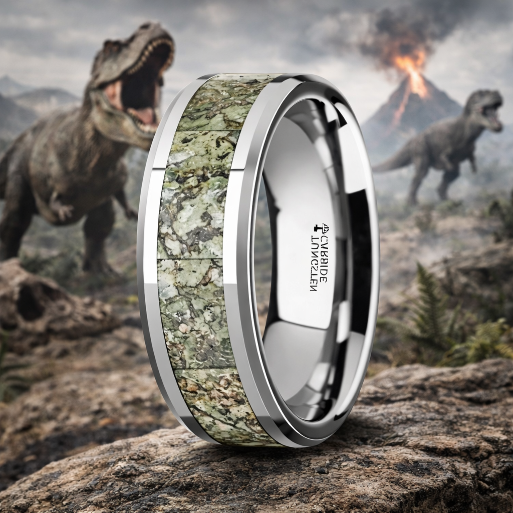 The Tararyen Men’s Tungsten Ring with Green Dinosaur Bone Inlay & Beve ...