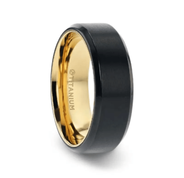 VELVET Titanium Men's Ring With Yellow Gold Plating Interior Beveled Polished Edges - 8mm