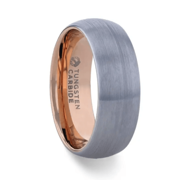 CAMERON Domed Brushed Tungsten Men's Band With Rose Gold Ion Plating Interior - 8mm