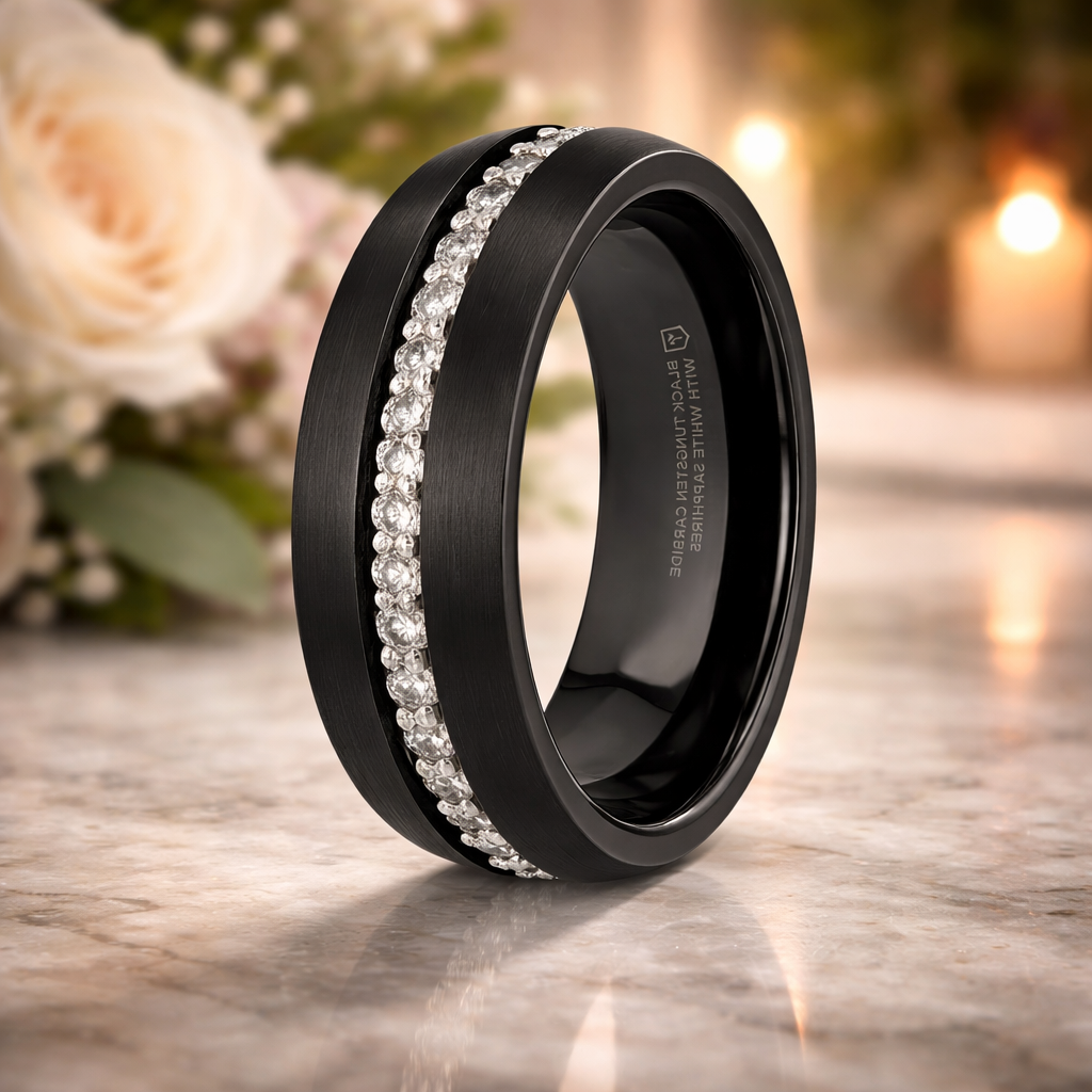 The Tsar Black Tungsten Ring Domed Brushed Finish with White