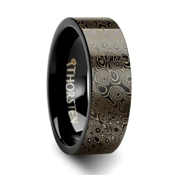 Black Circular Damascus Steel Engraved Pattern Black Tungsten Engraved Ring - 8mm