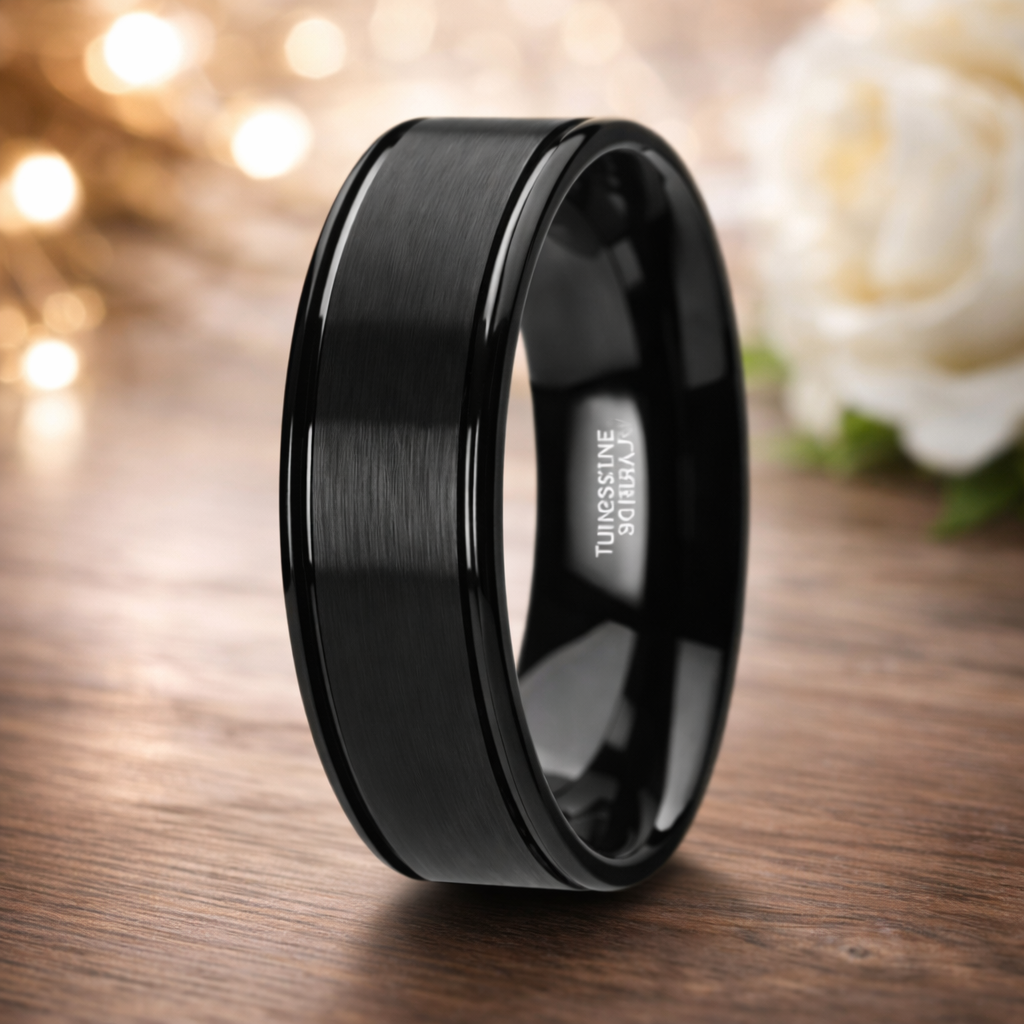 The Turner Flat Brushed Black Tungsten Ring Dual Offset Grooves Polish ...