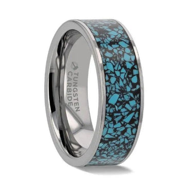 TURKUAZ Crushed Turquoise Inlay Tungsten Men's Band Flat Polished Edges - 8mm