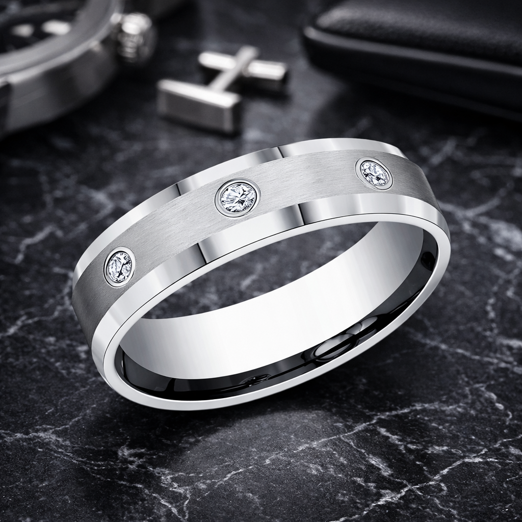 The Whitman Satin 950 Platinum Wedding Ring for Men 3 Bezel Set Diamon ...