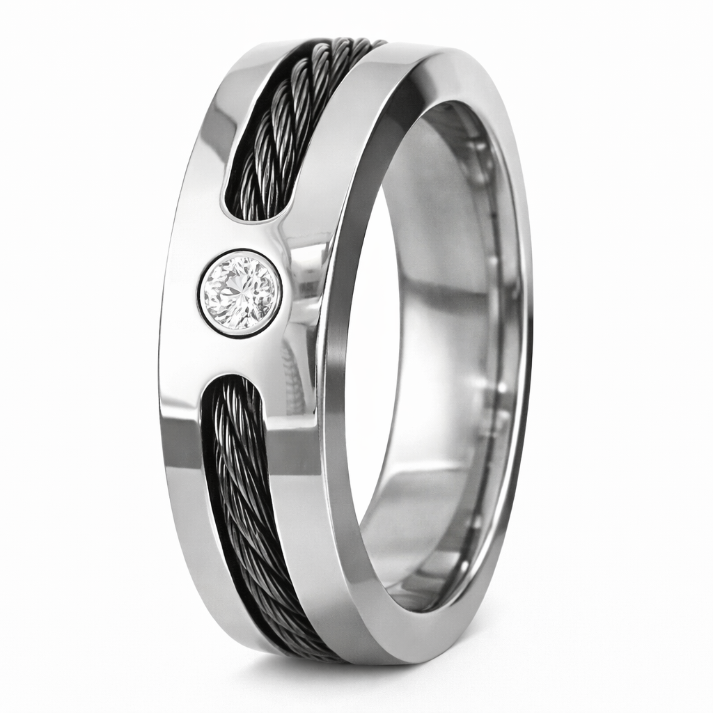 The Wire Men's Titanium Black Cable Ring with Polished Finish and CZ-7 ...