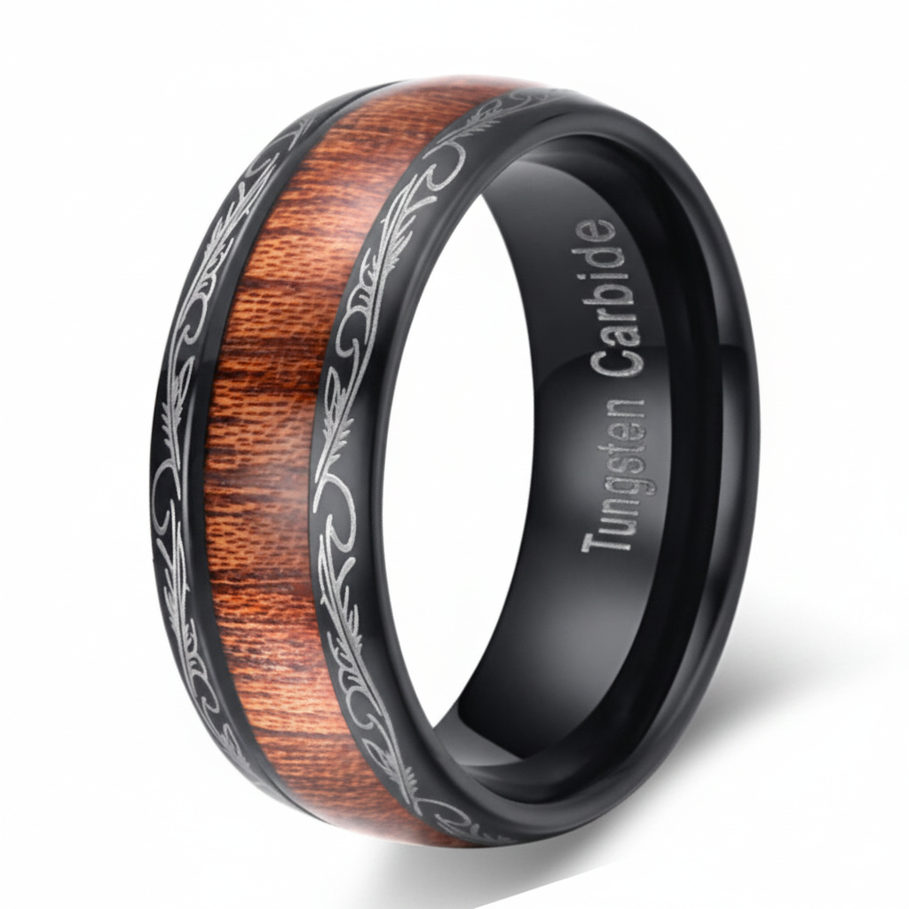 Black Tungsten Koa Wood Ring with Tribal Edge Design | 8mm – Just Mens ...