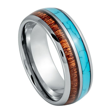 Tungsten Turquoise and Koa Wood Inlay Ring-8mm