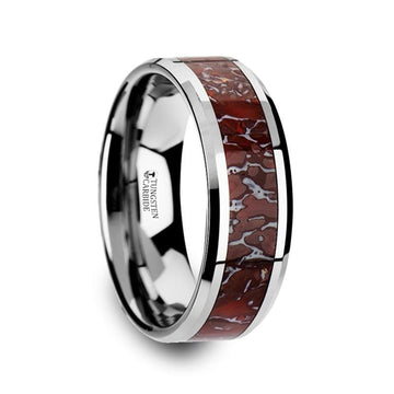 JURASSIC Red Dinosaur Bone Inlaid Tungsten Carbide Beveled Edged Ring