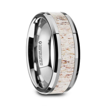 WHITETAIL Beveled Tungsten Men's Ring with Off White Deer Antler Inlay-8mm