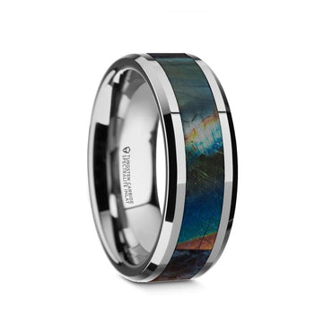 Men's Beveled Tungsten Carbide Wedding Ring with Spectrolite Inlay-8mm