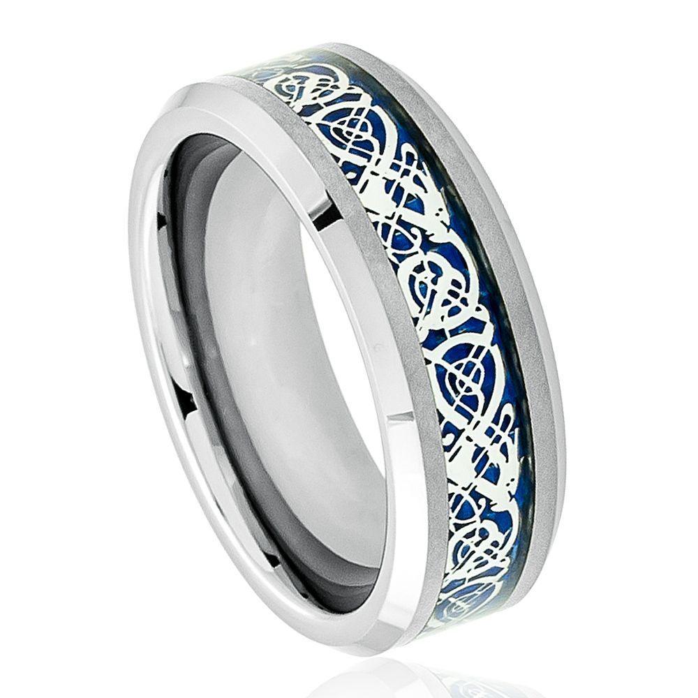 Tungsten Men's Shiny Beveled Edge with Blue Celtic Dragon Cut-out Inlay l 8mm