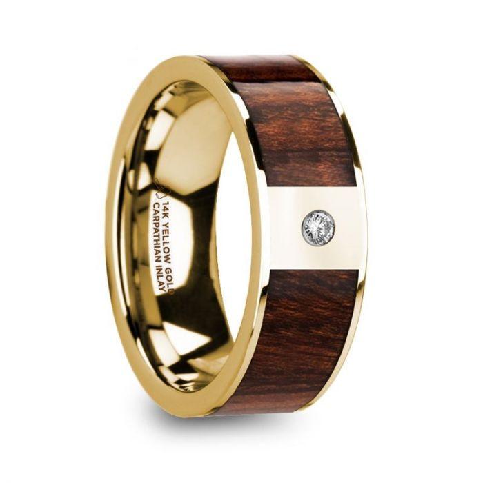SOPHOS Men’s Carpathian Wood Inlaid Polished 14KY Gold Ring-8mm