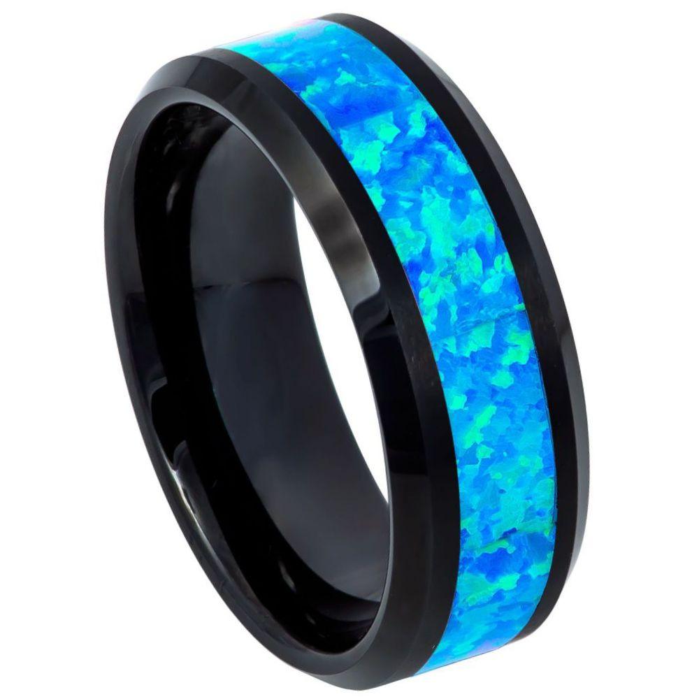 Men's Black IP with Synthetic Opal Inlay with Beveled Edges l  8mm
