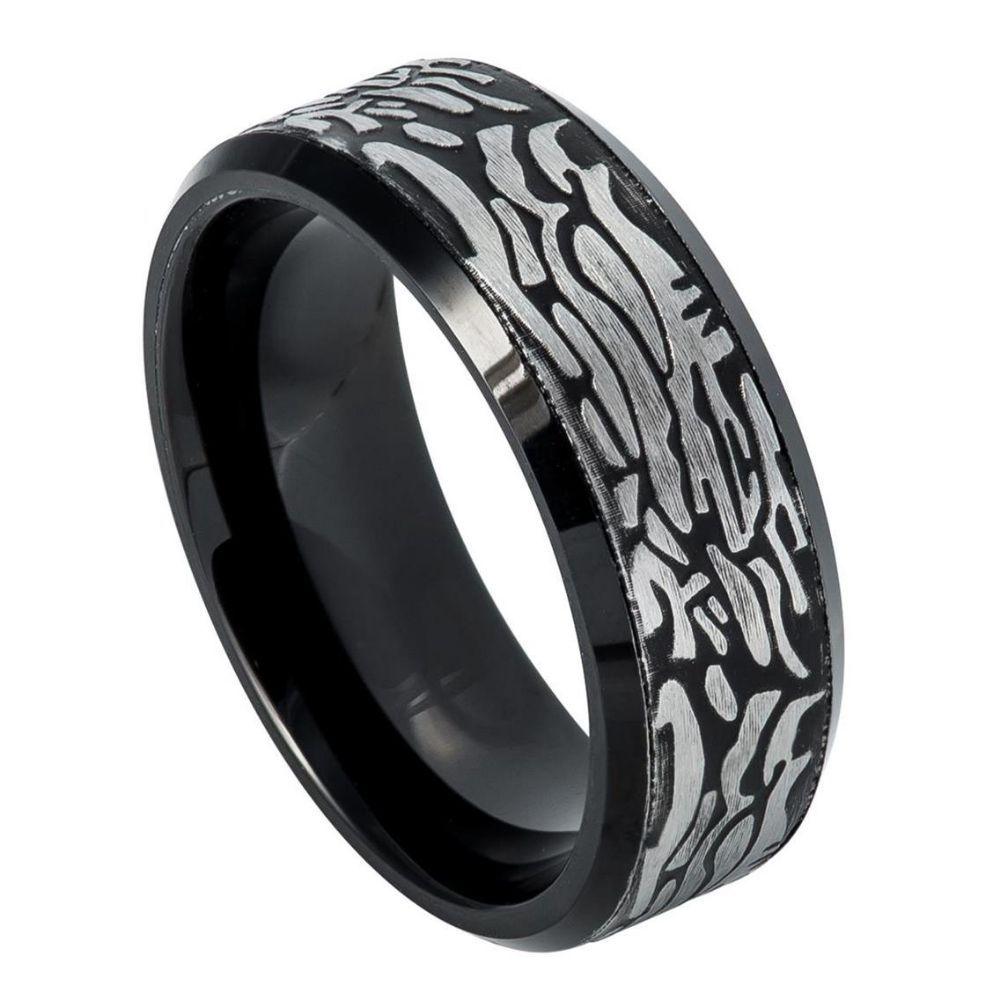 Black Tungsten Ring with Laser Carved Rock Pattern -8mm