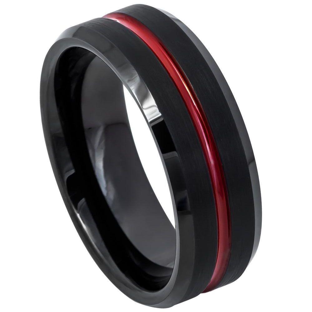 Tungsten Black Brushed Bevel Edge Ring with Red Polished Line-8mm