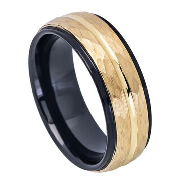 Black Tungsten with Gold IP Hammered Center and Stepped Edge-8mm