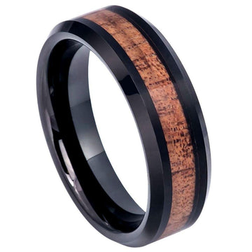 Black IP Tungsten Hawaiian Koa Wood Inlay and Beveled Edges-6mm