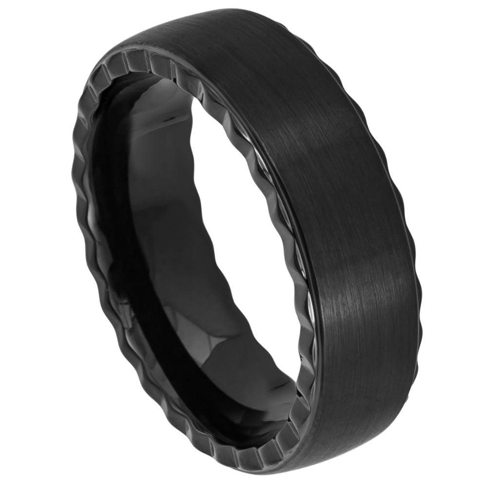 Black IP Plated Pipe Cut Brushed Center with Grooved Sides Tungsten Ring l 7mm