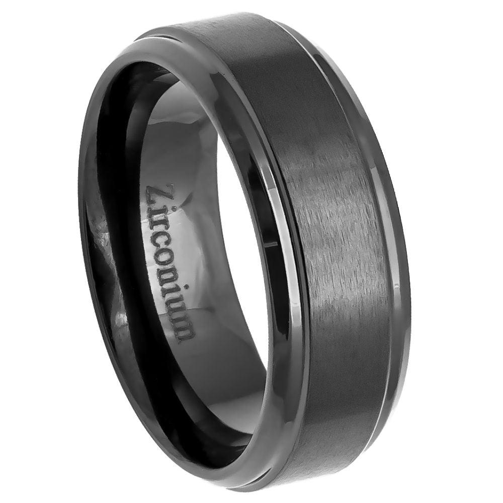 Men's Black Zirconium Ring Brushed Center and Stepped Edges l 8mm