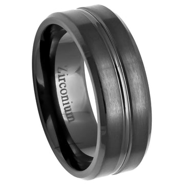 Men's Black Zirconium Ring Brushed with Grooved Center Beveled Edge l 8mm