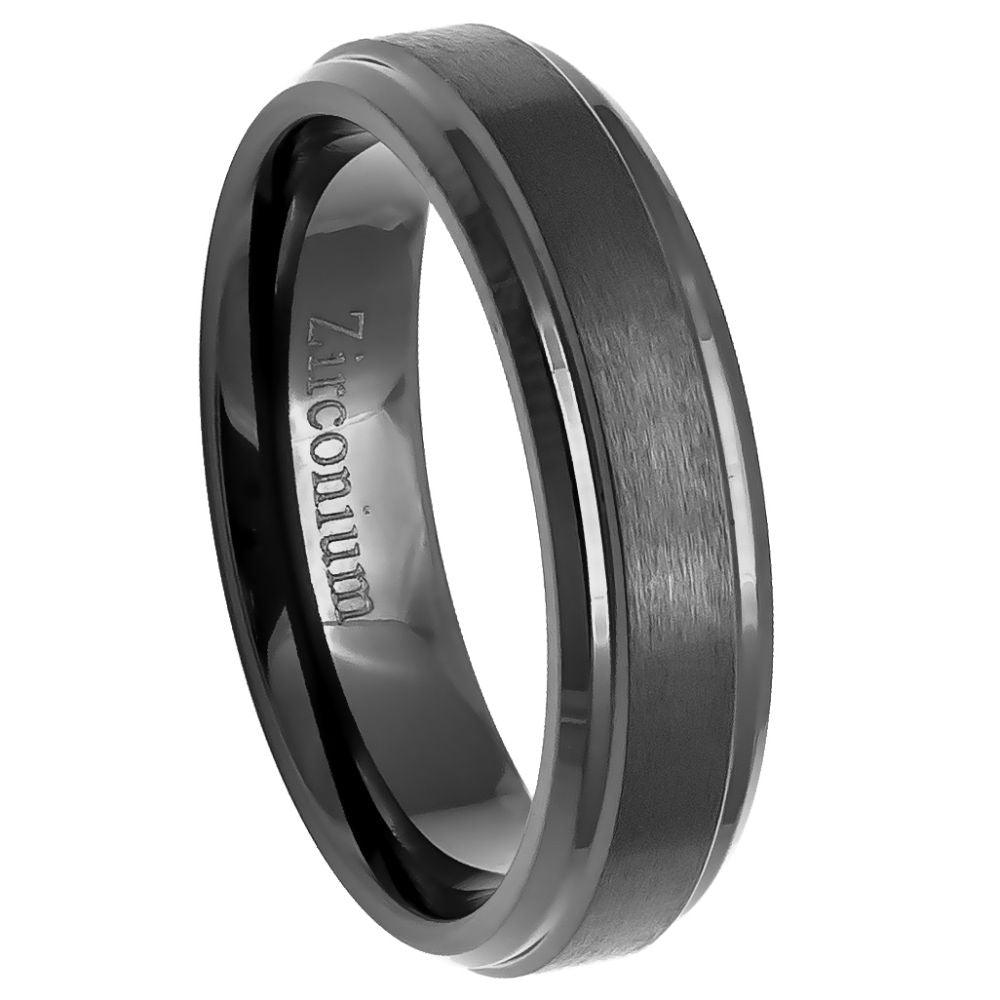 Men's Black Zirconium Ring Brushed Center with Stepped Edges l 6mm