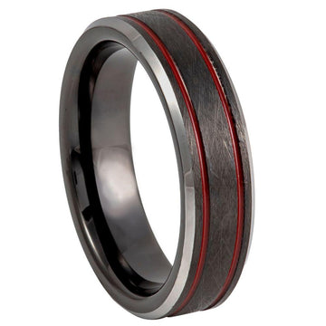 Tungsten Charcoal Gray Ice Finish and Two Thin Grooved Red Lines-6mm