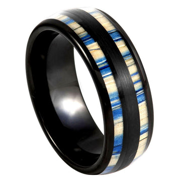 Black Tungsten Ring with Dyed Bamboo Inlay - Blue and Tan 8mm
