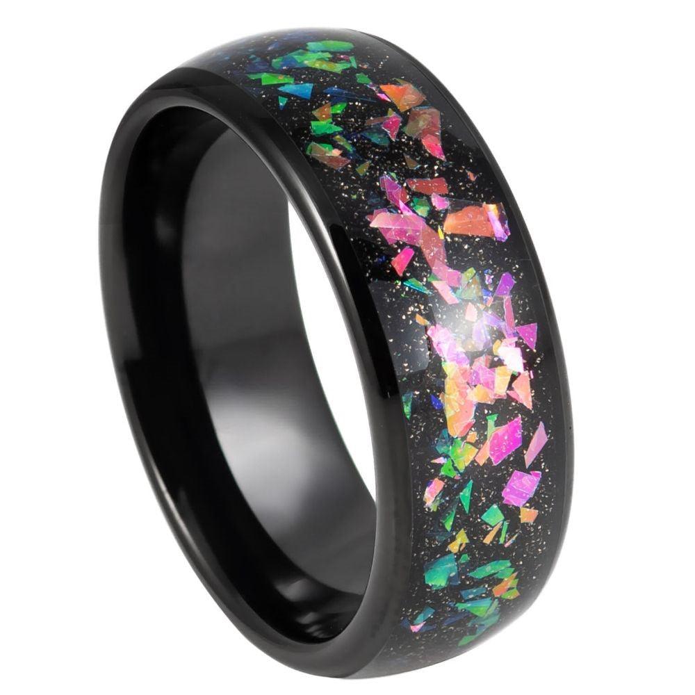Black Tungsten Ring with Synthetic Opal and Abalone Mosaic-8mm