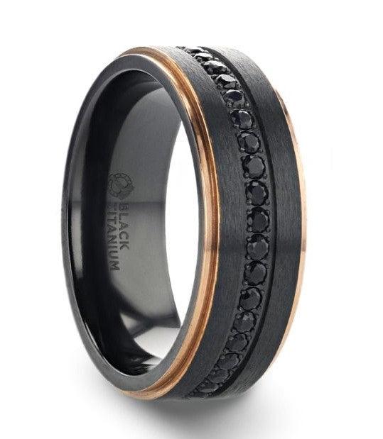ASTRO Flat Brushed Black Titanium Ring with Rose Gold Plated Edge and Black Sapphire
