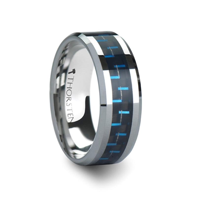 Men's Black & Blue Carbon Fiber Inlay Tungsten Carbide Ring-8mm