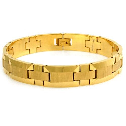 Gold IP Tungsten Carbide Wood Pattern Link Bracelet