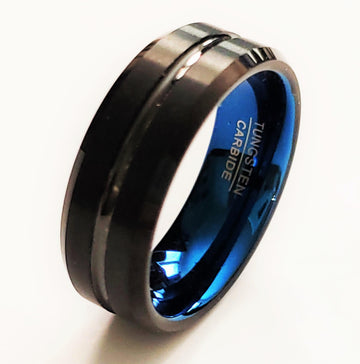 Brushed Finish Black Tungsten Carbide Ring with Blue Inner Band | 8mm