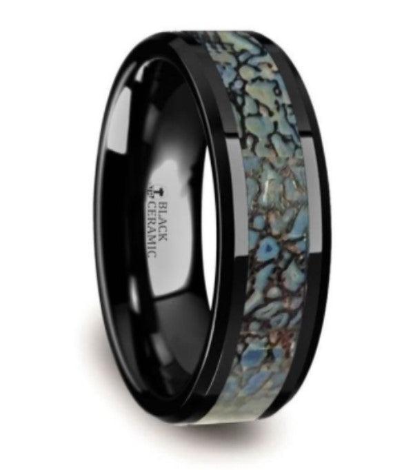 PERMIAN Blue Dinosaur Bone Inlaid Black Ceramic Beveled Edged Ring