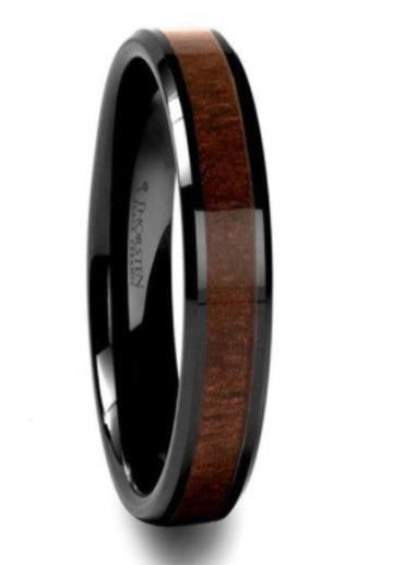 YUKON Beveled Black Ceramic Ring with Black Walnut Wood Inlay 6mm