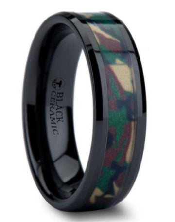 RANGER Beveled Black Ceramic Real Military Style Jungle Camo Ring - 6mm