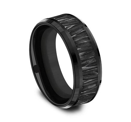 Black Titanium 8mm Comfort-fit Drop Beveled Edge Bark Pattern Design Ring