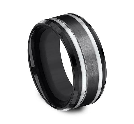 Black Titanium 9mm Comfort-fit Drop Beveled Edge Satin Finish Center Design Ring