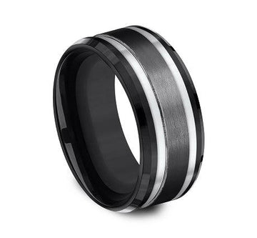 Black Titanium 9mm Comfort-fit Drop Beveled Edge Satin Finish Center Design Ring