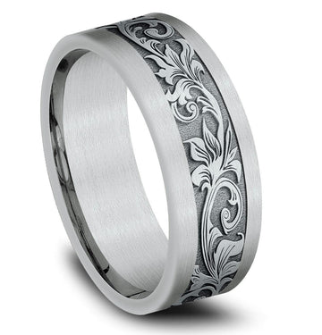 14K White Gold Men's 8mm Script Pattern, Satin Straight Edge Ring