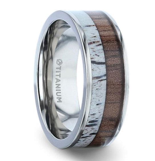 DARBY Titanium Polished Men's Ring - Deer Antler &  Black Walnut Inlay