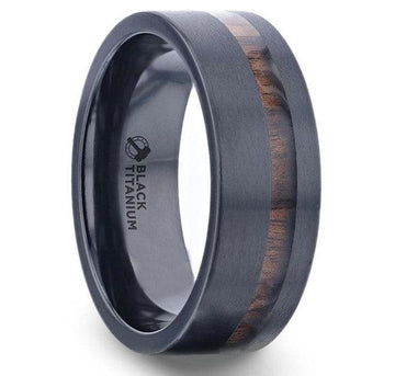DARING Off-Set Koa Wood Inlaid Black Titanium Men's Ring With Flat Polished Finish